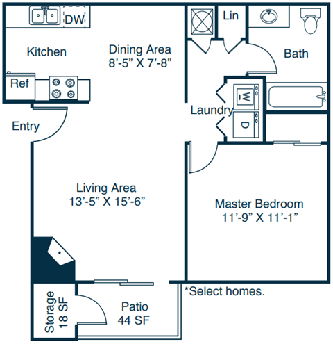 Floor plan for 1 bed, 1 bath, 695 sqft